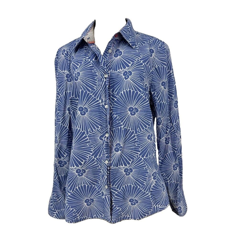 Boden Women Size 10 Blue White Flower Burst Button Up Shirt Long Sleeve Top H11